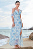 Load image into Gallery viewer, White Blue Flower Stylish Chiffon Bridesmaid Dress with Slit