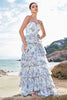 Load image into Gallery viewer, White Blue Flower A Line Spaghetti Straps Tiered Bridesmaid Dress With Ruffles