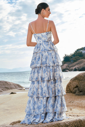 White Blue Flower A Line Spaghetti Straps Tiered Bridesmaid Dress With Ruffles