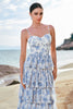 Load image into Gallery viewer, White Blue Flower A-Line Tiered Long Bridesmaid Dress With Ruffles