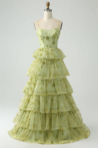 Green Flower A Line Spaghetti Straps Long Prom Dress With Ruffles