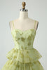 Load image into Gallery viewer, Green Flower A Line Spaghetti Straps Long Prom Dress With Ruffles