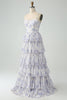 Load image into Gallery viewer, White Blue Flower A Line Spaghetti Straps Tiered Bridesmaid Dress With Ruffles