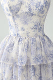 White Blue Flower A Line Spaghetti Straps Tiered Bridesmaid Dress With Ruffles