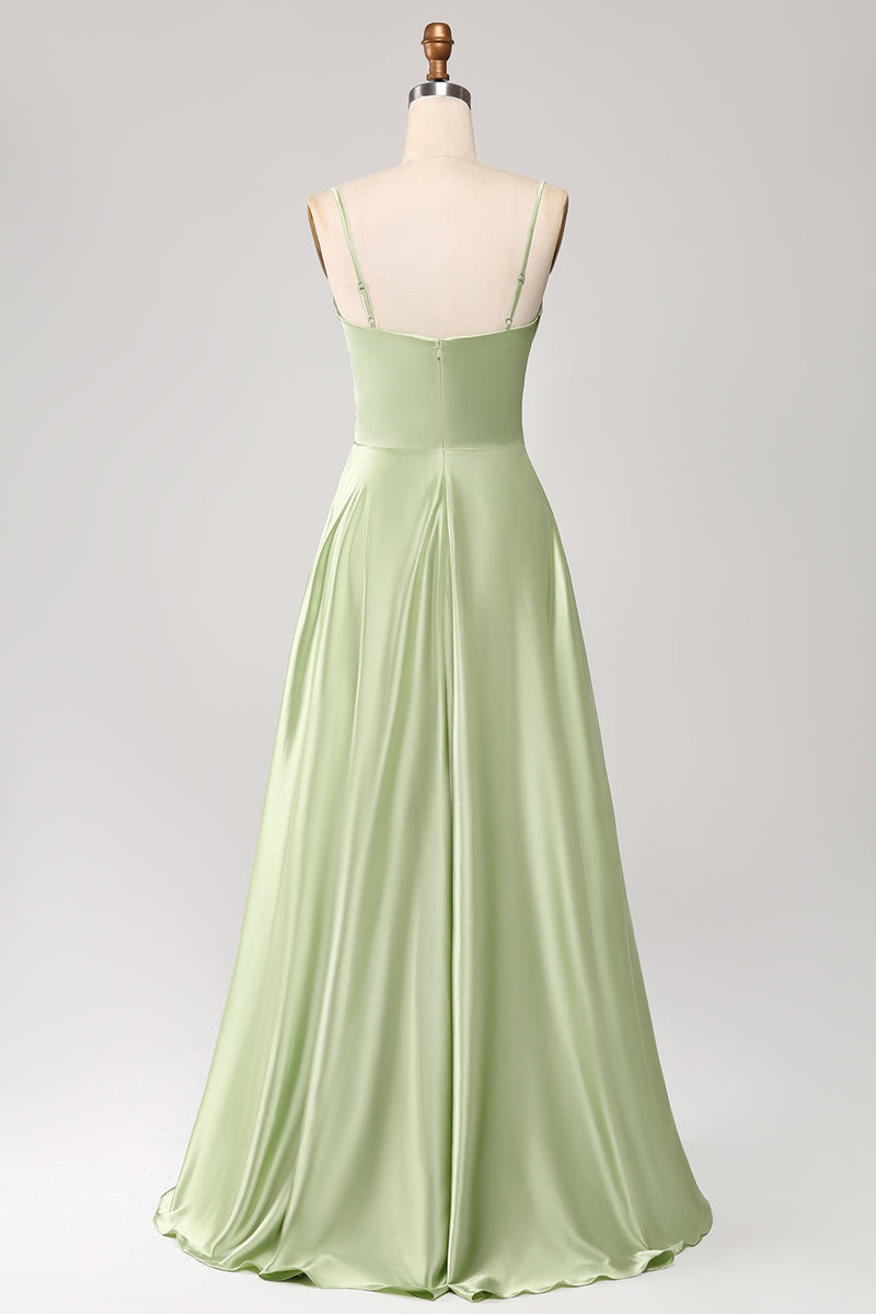 Load image into Gallery viewer, Dusty Sage A Line Cowl Neck Satin Long Prom Dress with Pleated
