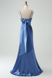 Grey Blue Mermaid Spaghetti Straps Corset Long Satin Bridesmaid Dress with Slit