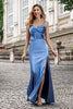 Load image into Gallery viewer, Grey Blue Mermaid Spaghetti Straps Corset Long Satin Bridesmaid Dress with Slit