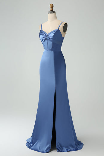Grey Blue Mermaid Spaghetti Straps Long Satin Bridesmaid Dress with Slit
