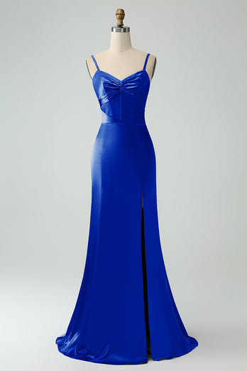 Grey Blue Mermaid Spaghetti Straps Long Satin Bridesmaid Dress with Slit