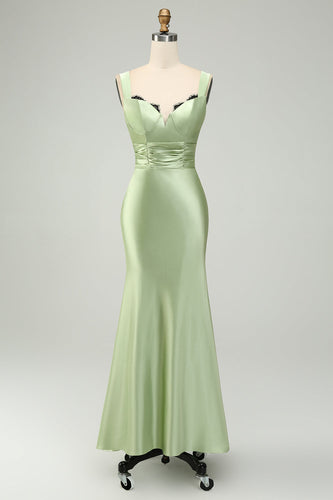 Green Satin Mermaid Long Bridesmaid Dress with Eyelash Lace