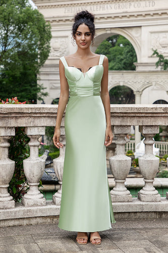 Green Mermaid Square Neck Long Satin Bridesmaid Dress with Eyelash Lace