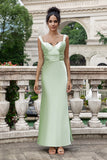 Green Mermaid Square Neck Long Satin Bridesmaid Dress with Eyelash Lace