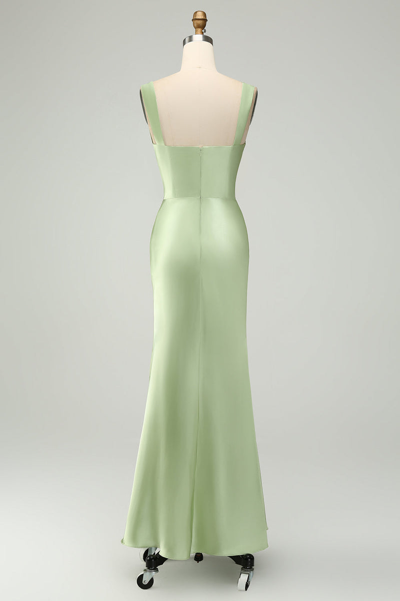 Load image into Gallery viewer, Green Satin Mermaid Long Bridesmaid Dress with Eyelash Lace