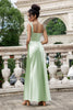 Load image into Gallery viewer, Green Mermaid Square Neck Long Satin Bridesmaid Dress with Eyelash Lace