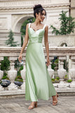 Green Mermaid Square Neck Long Satin Bridesmaid Dress with Eyelash Lace