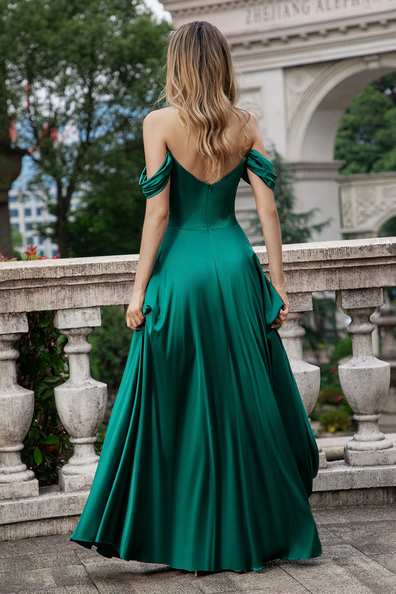 Load image into Gallery viewer, Dark Green A Line Off the Shouder Satin Long Bridesmaid Dress