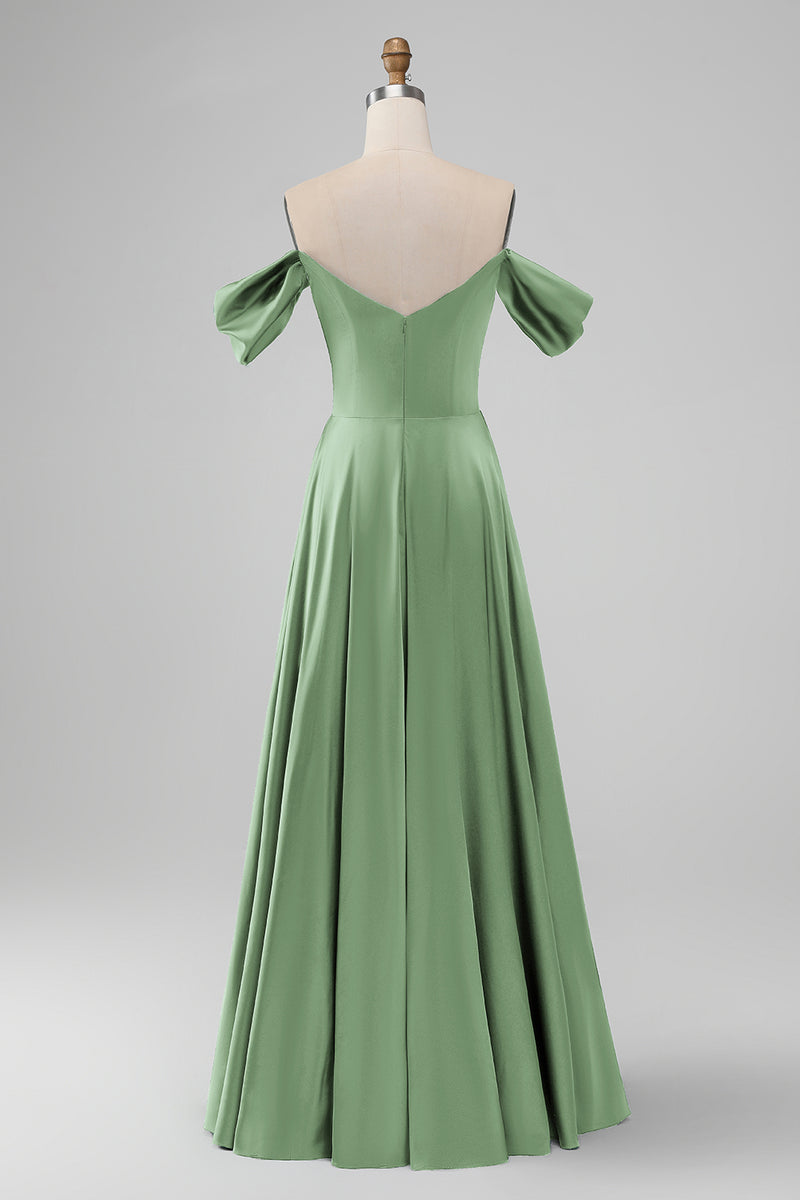 Load image into Gallery viewer, Dark Green Off the Shouder A Line Satin Long Bridesmaid Dress