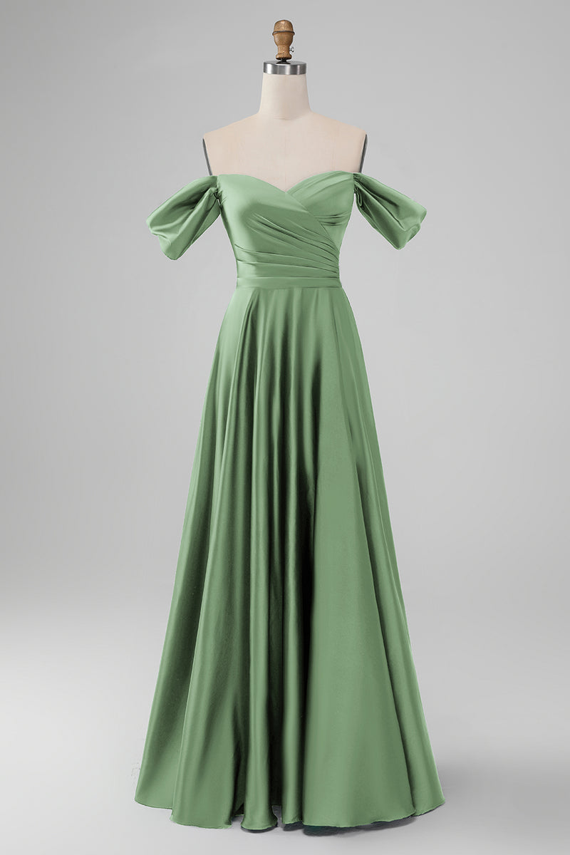 Load image into Gallery viewer, Dark Green Off the Shouder A Line Satin Long Bridesmaid Dress