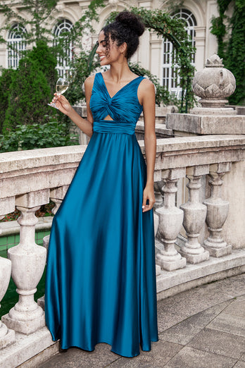 Ink Blue A Line V Neck Keyhole Long Bridesmaid Dress