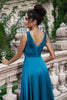 Load image into Gallery viewer, Ink Blue A Line V Neck Keyhole Pleated Long Bridesmaid Dress