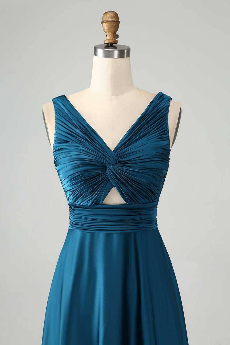 Load image into Gallery viewer, Ink Blue A Line V Neck Keyhole Long Bridesmaid Dress