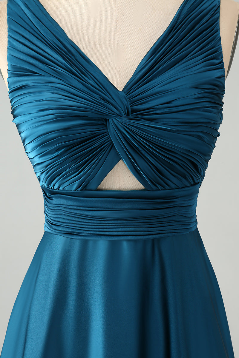 Load image into Gallery viewer, Ink Blue A Line V Neck Keyhole Long Bridesmaid Dress