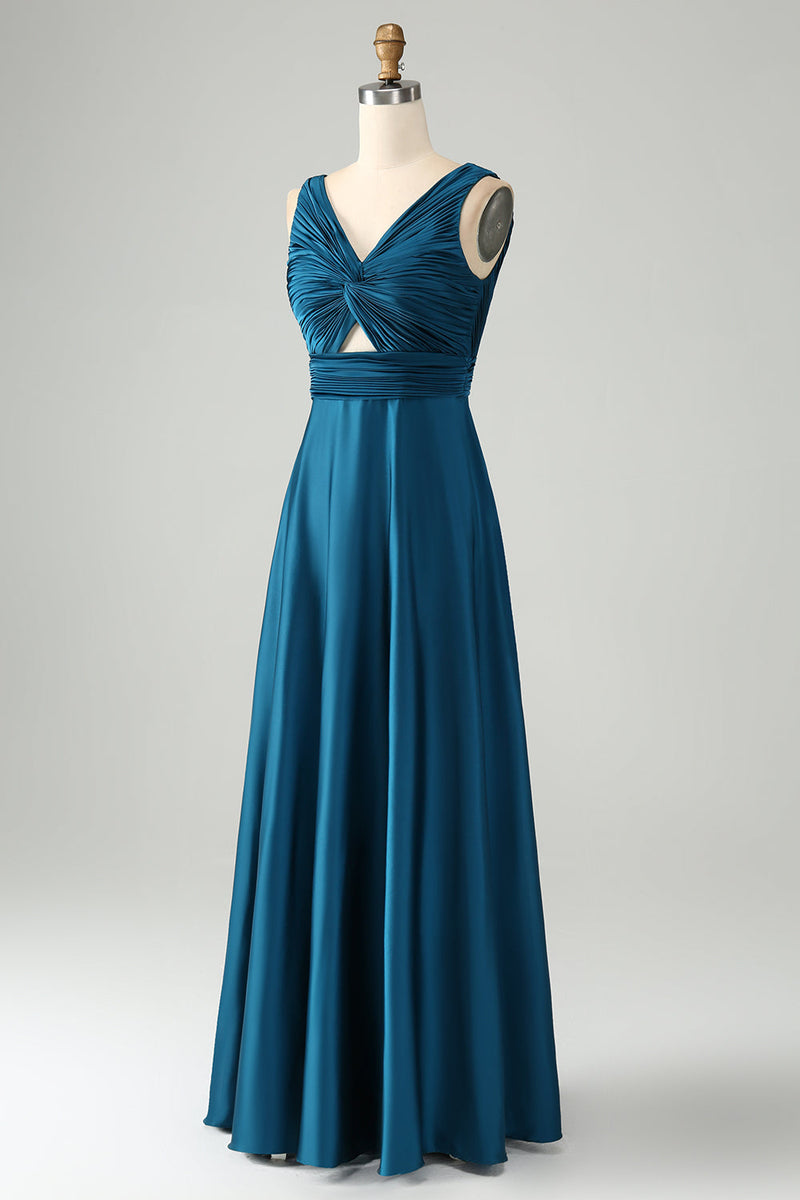 Load image into Gallery viewer, Ink Blue A Line V Neck Keyhole Long Bridesmaid Dress