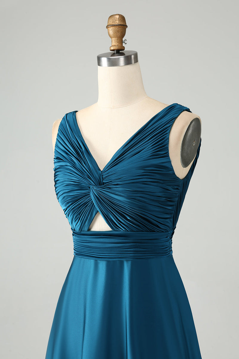 Load image into Gallery viewer, Ink Blue A Line V Neck Keyhole Long Bridesmaid Dress