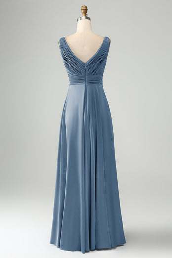 Ink Blue A Line V Neck Keyhole Long Bridesmaid Dress