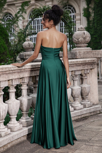 Dark Green A Line Sweetheart Pleated Keyhole Long Bridesmaid Dress