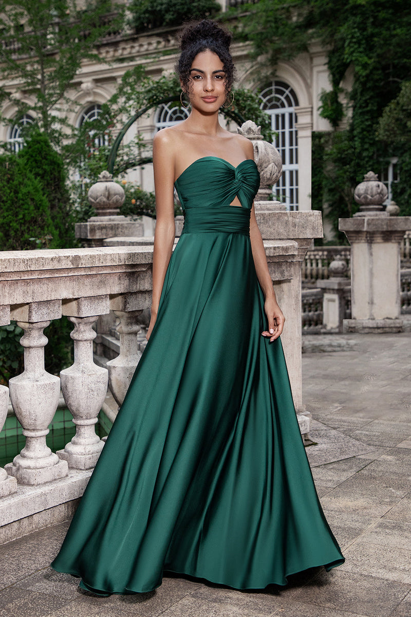 Load image into Gallery viewer, Dark Green A Line Sweetheart Pleated Keyhole Long Bridesmaid Dress