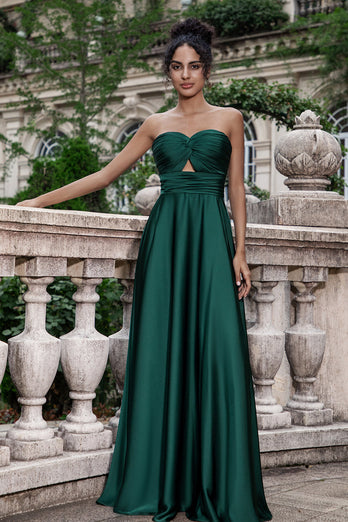 Dark Green A Line Sweetheart Pleated Keyhole Long Bridesmaid Dress