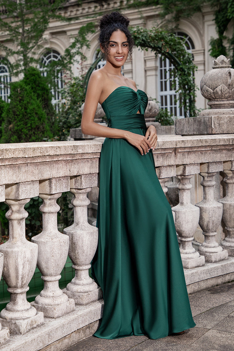 Load image into Gallery viewer, Dark Green A Line Sweetheart Pleated Keyhole Long Bridesmaid Dress