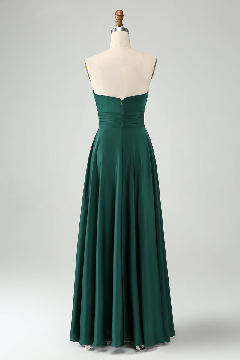 Load image into Gallery viewer, Dark Green A Line Sweetheart Pleated Keyhole Long Bridesmaid Dress