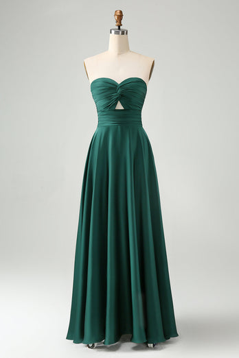 Dark Green A Line Sweetheart Pleated Keyhole Long Bridesmaid Dress