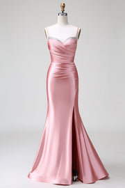 Blush Mermaid Spaghetti Straps Satin Long Prom Dress with Slit