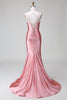 Load image into Gallery viewer, Blush Mermaid Spaghetti Straps Satin Long Prom Dress with Slit