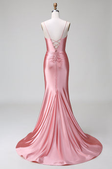 Blush Mermaid Spaghetti Straps Satin Long Prom Dress with Slit