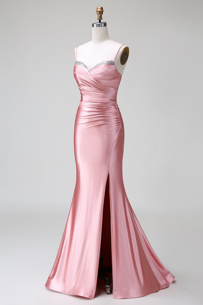 Load image into Gallery viewer, Blush Mermaid Spaghetti Straps Satin Long Prom Dress with Slit