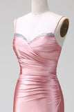 Blush Mermaid Spaghetti Straps Satin Long Prom Dress with Slit