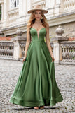 Green A Line Spaghetti Straps Satin Long Bridesmaid Dress