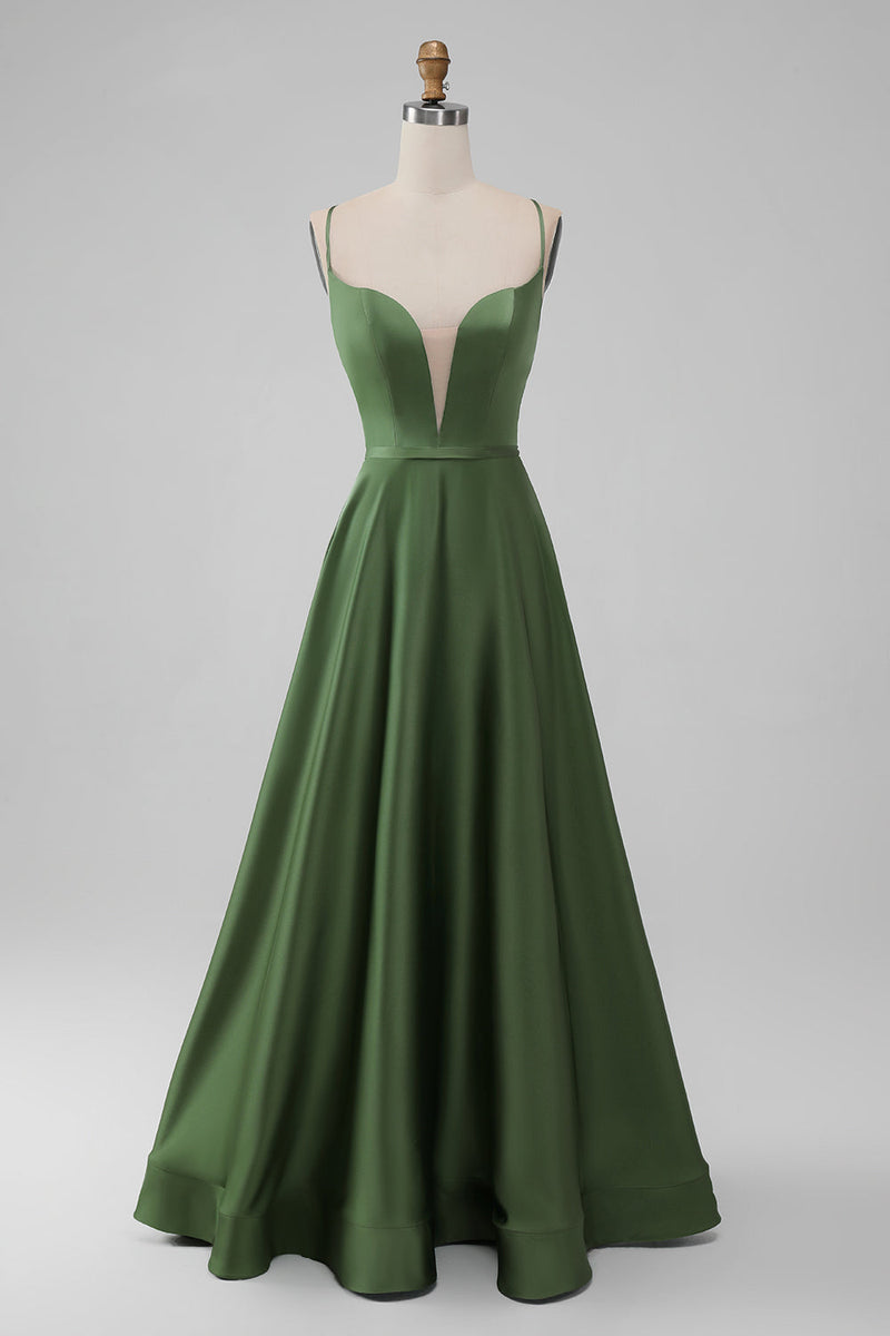 Load image into Gallery viewer, Green A Line Spaghetti Straps Satin Long Bridesmaid Dress