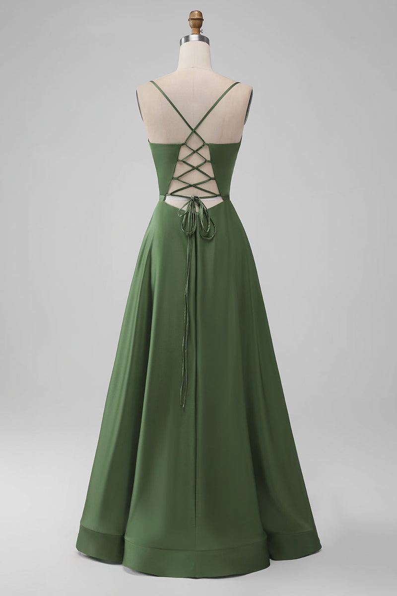 Load image into Gallery viewer, Green A Line Spaghetti Straps Satin Long Bridesmaid Dress