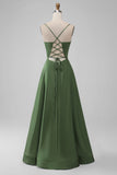 Green Satin V Neck A-line Long Bridesmaid Dress