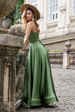 Green A Line Spaghetti Straps Satin Long Bridesmaid Dress