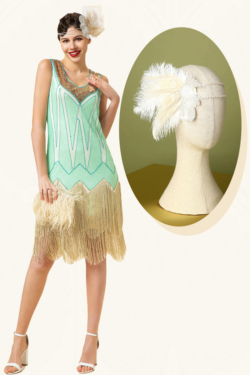 Load image into Gallery viewer, Mint Green Sequined Fringes 1920s Gatsby Flapper Dress with 20s Accessories Set