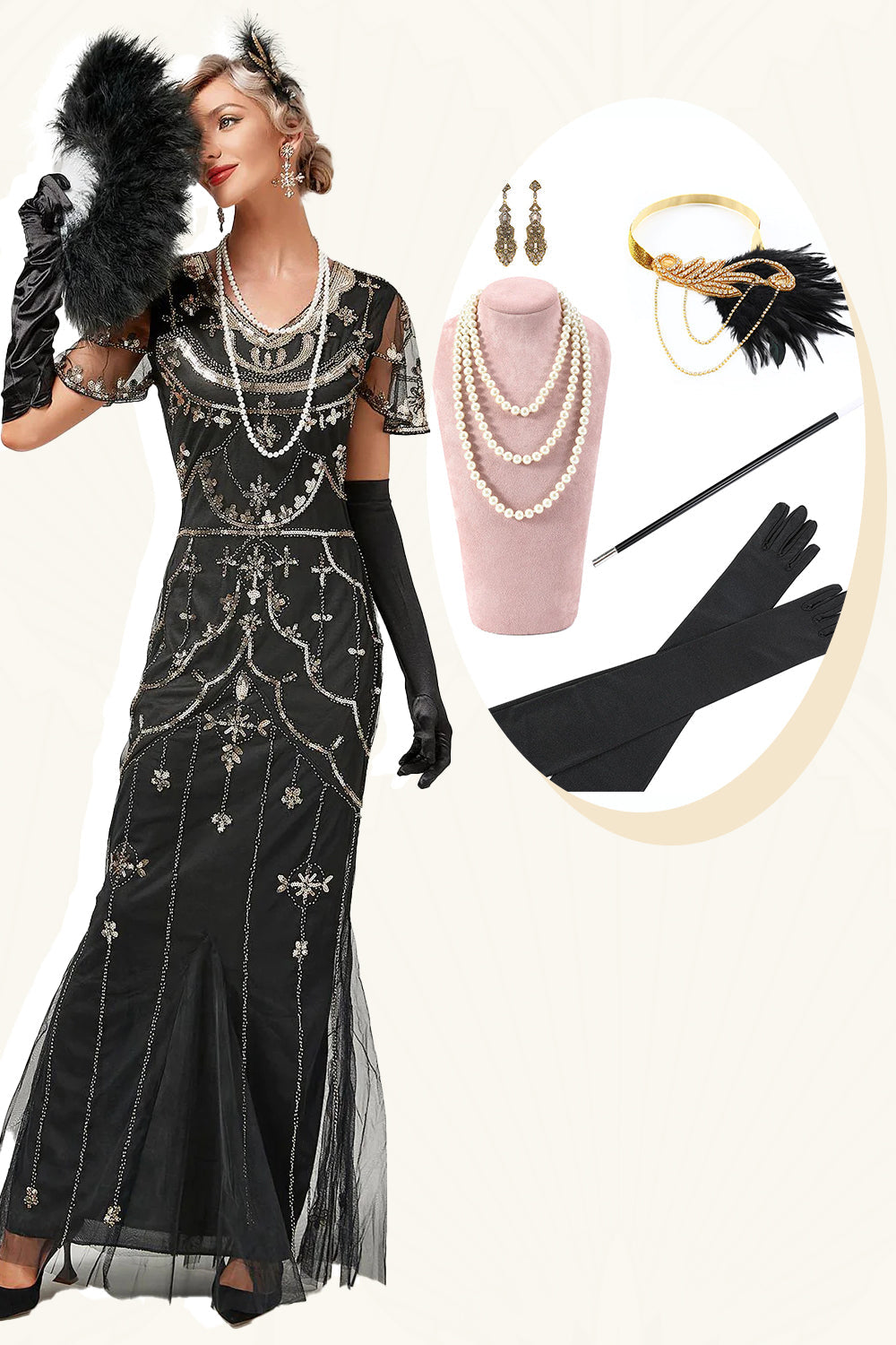 Black Beaded Long Flapper Dress with 1920s Accessories Set