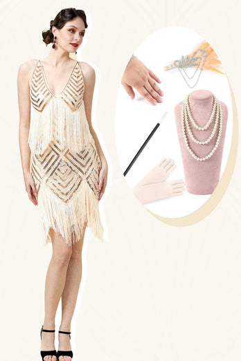 Fringed Champagne Sequins Flapper Dress with 1920s Accessories Set