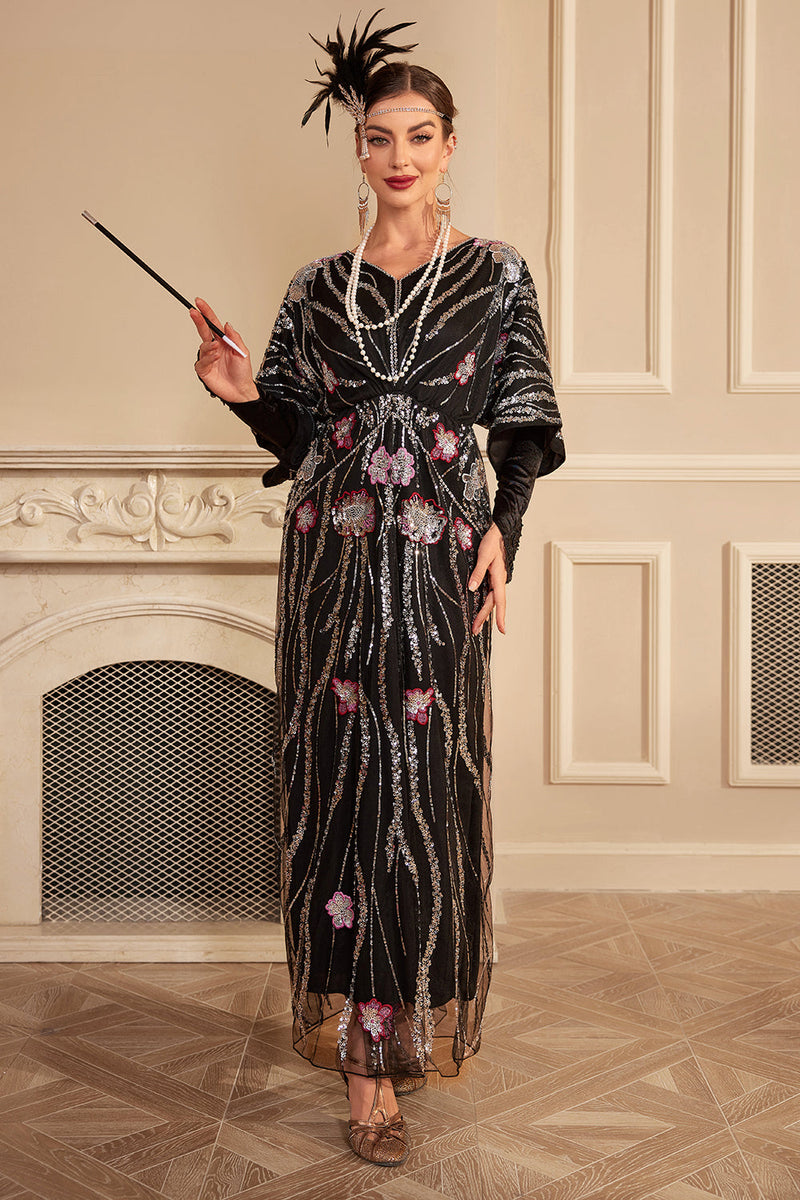 Load image into Gallery viewer, Sparkly Black Flower Oversized Long 1920s Dress with Accessories Set