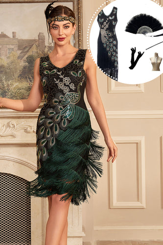 Dark Green Sequins Fringed 1920s Dress with Accessories Set